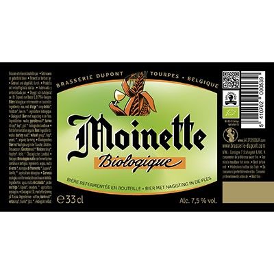 5410702000539 Moinette Bio<sup>1</sup> - 33cl Bottle conditioned organic beer (control BE-BIO-01) Sticker Front